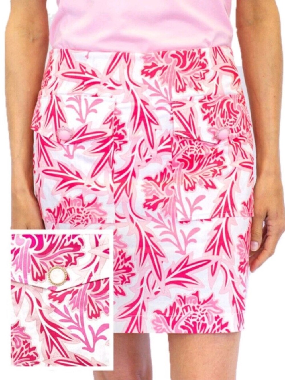 Golftini Rose Skort Women’s Sz 8 Hot Pink White Floral Golf Skirt w/ Buttons